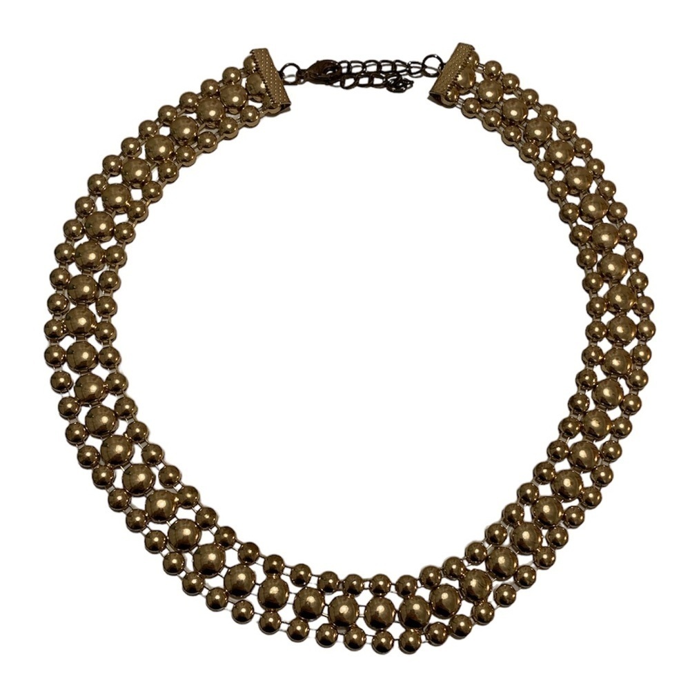 Gold metal half bead necklace three rows